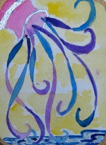 Aquarius: from a set of divinatory cards created by Zuzanna in the mid 90s; mixed media on paper; 2.5 x 4